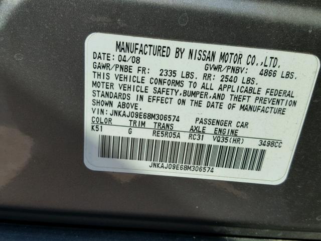 JNKAJ09E68M306574 - 2008 INFINITI EX35 BASE SILVER photo 10