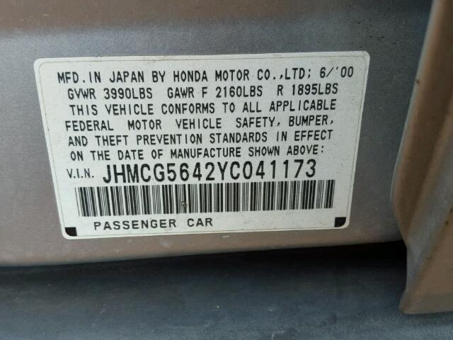 JHMCG5642YC041173 - 2000 HONDA ACCORD LX SILVER photo 10