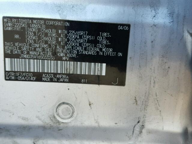 JTMBD35V165033233 - 2006 TOYOTA RAV4 SILVER photo 10