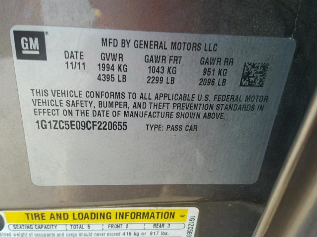 1G1ZC5E09CF220655 - 2012 CHEVROLET MALIBU 1LT CHARCOAL photo 10