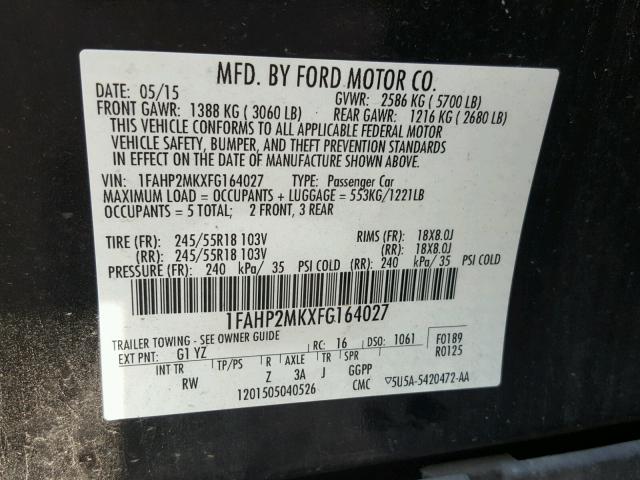 1FAHP2MKXFG164027 - 2015 FORD TAURUS POL BLACK photo 10