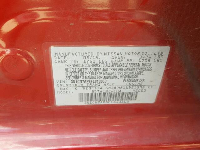 3N1CN7AP8FL813863 - 2015 NISSAN VERSA S RED photo 10