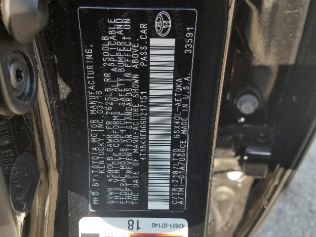 4T1BK1EB6GU217151 - 2016 TOYOTA AVALON XLE BLACK photo 10