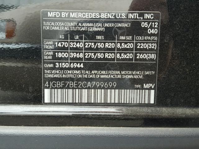 4JGBF7BE2CA799699 - 2012 MERCEDES-BENZ GL 450 4MA BLACK photo 10