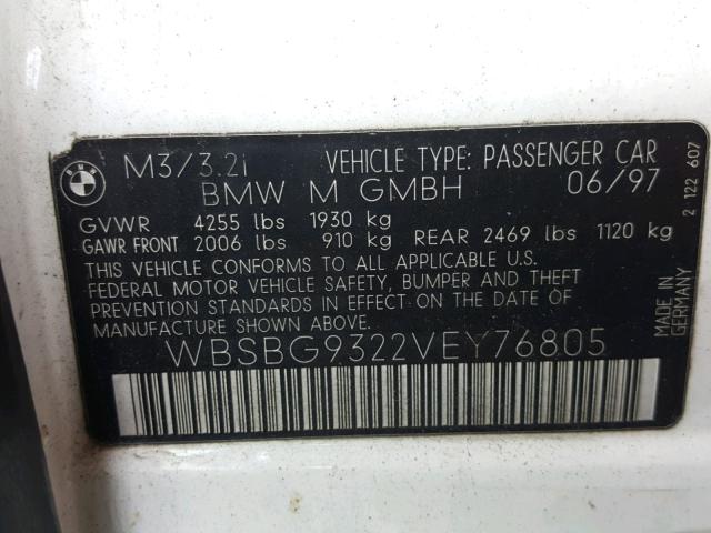 WBSBG9322VEY76805 - 1997 BMW M3 WHITE photo 10