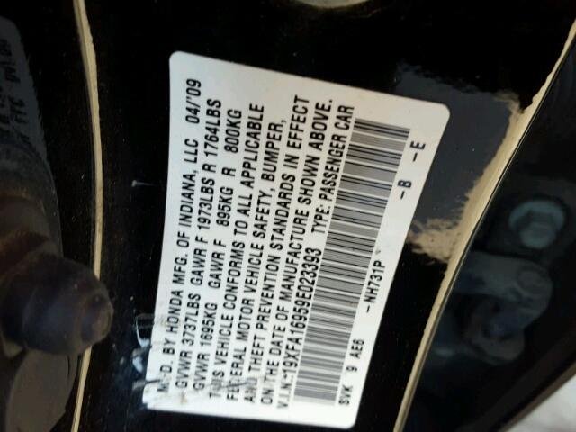 19XFA16959E023393 - 2009 HONDA CIVIC BLACK photo 10