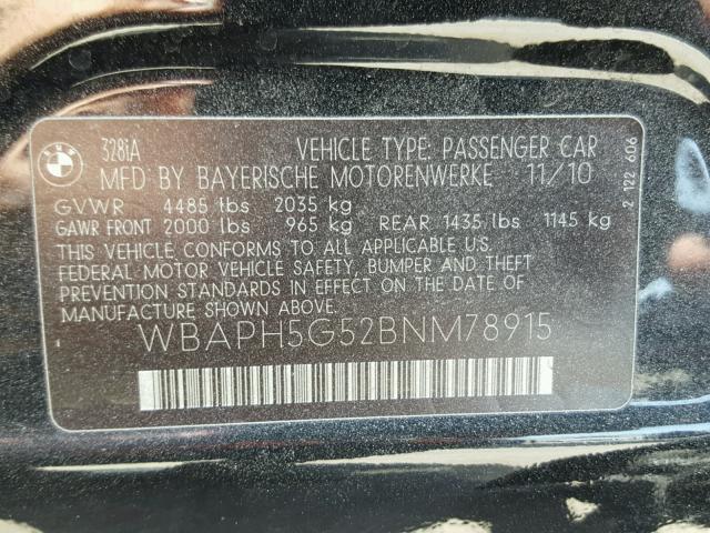 WBAPH5G52BNM78915 - 2011 BMW 328 I SULE BLACK photo 10