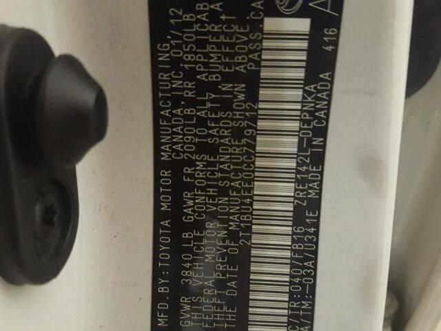 2T1BU4EE0CC779712 - 2012 TOYOTA COROLLA BA WHITE photo 10