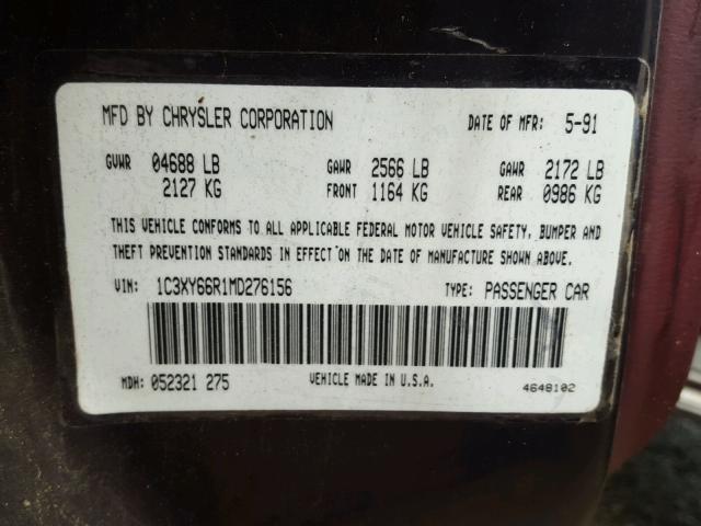 1C3XY66R1MD276156 - 1991 CHRYSLER NEW YORKER 勃艮第红 照片 10