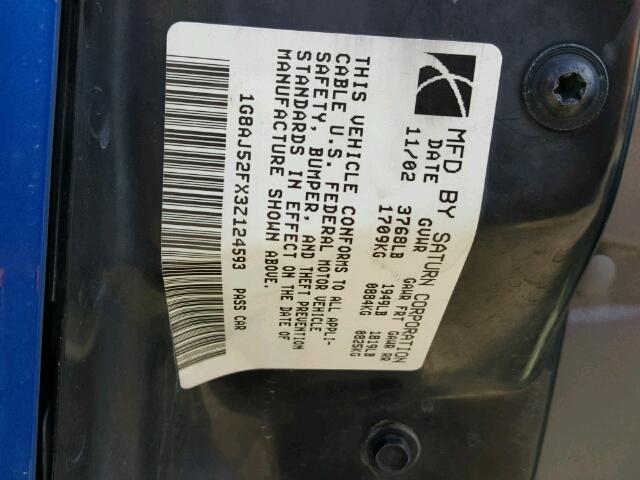 1G8AJ52FX3Z124593 - 2003 SATURN ION LEVEL BLUE photo 10