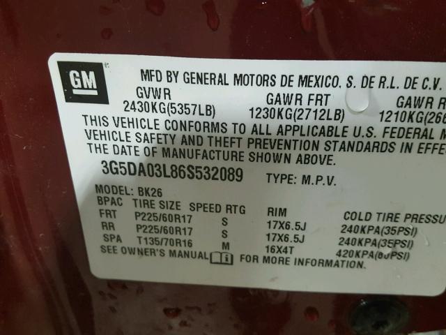 3G5DA03L86S532089 - 2006 BUICK RENDEZVOUS RED photo 10