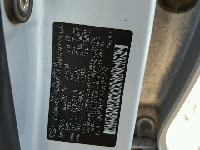 5NMSH4AG4AH386752 - 2010 HYUNDAI SANTA FE S 银色 照片 10