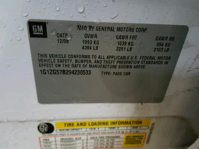 1G1ZG57B294230533 - 2009 CHEVROLET MALIBU LS 白色 照片 10