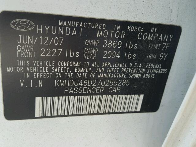 KMHDU46D27U255285 - 2007 HYUNDAI ELANTRA GL WHITE photo 10