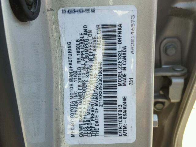 2T1KR32E33C108048 - 2003 TOYOTA COROLLA MA GRAY photo 10