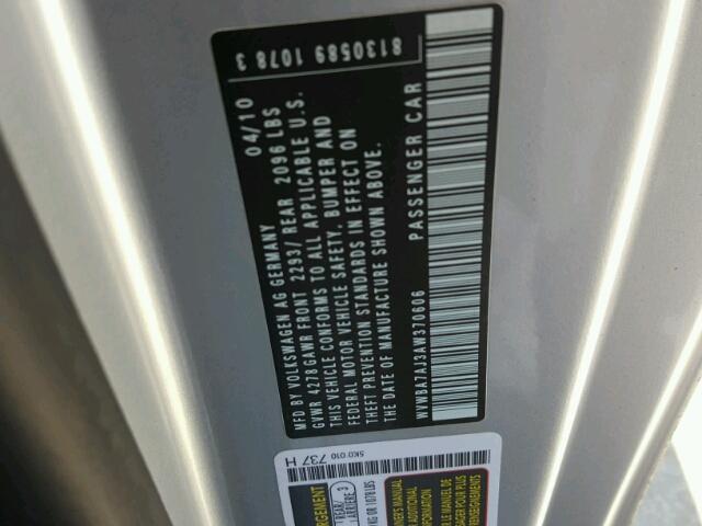 WVWBA7AJ3AW370606 - 2010 VOLKSWAGEN GOLF SILVER photo 10