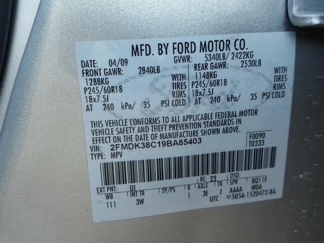 2FMDK38C19BA85403 - 2009 FORD EDGE SEL SILVER photo 10