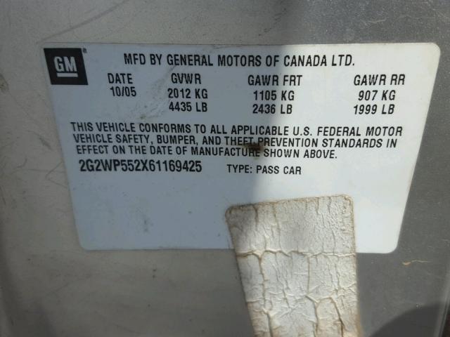 2G2WP552X61169425 - 2006 PONTIAC GRAND PRIX ვერცხლისფერი ფოტო 10