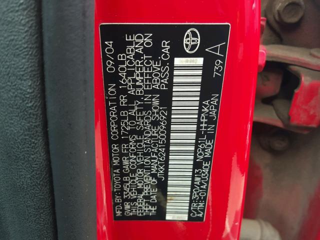 JTKKT624150096921 - 2005 TOYOTA SCION XA RED photo 10