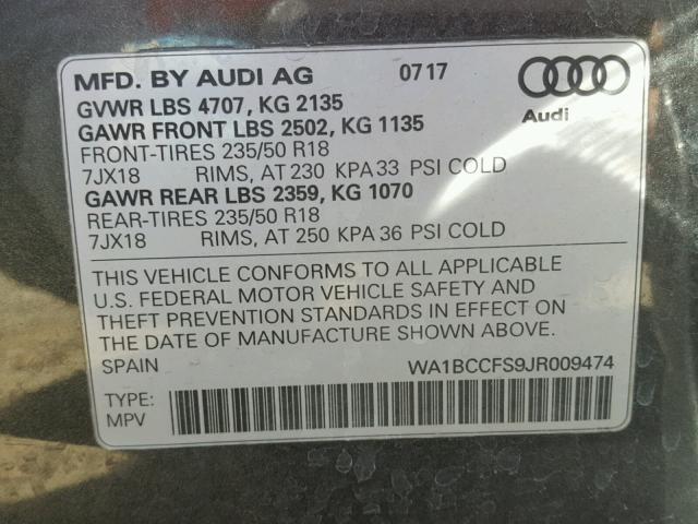 WA1BCCFS9JR009474 - 2018 AUDI Q3 PREMIUM GRAY photo 10