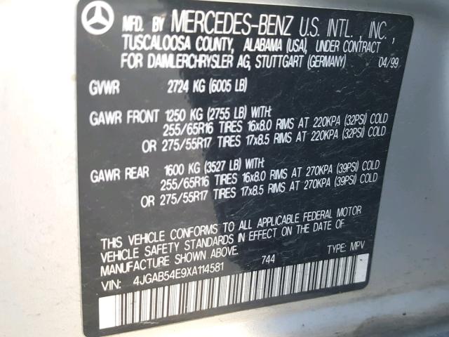 4JGAB54E9XA114581 - 1999 MERCEDES-BENZ ML 320 SILVER photo 10