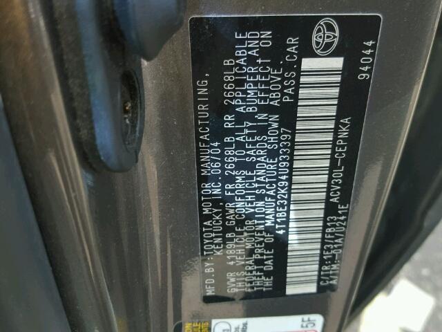 4T1BE32K94U933397 - 2004 TOYOTA CAMRY LE/X GRAY photo 10