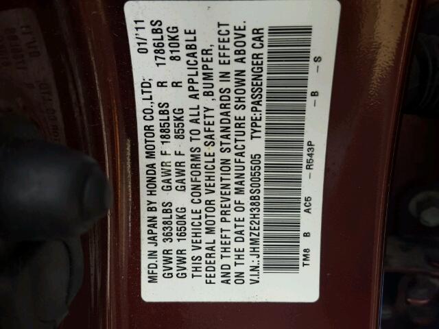 JHMZE2H38BS005505 - 2011 HONDA INSIGHT MAROON photo 10