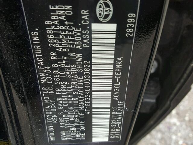 4T1BE32K04U333822 - 2004 TOYOTA CAMRY LE შავი ფოტო 10