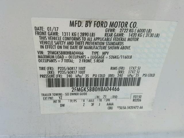 2FMGK5B80HBA04466 - 2017 FORD FLEX SE WHITE photo 10