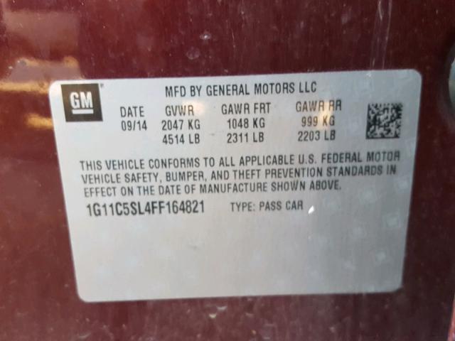 1G11C5SL4FF164821 - 2015 CHEVROLET MALIBU 1LT MAROON photo 10