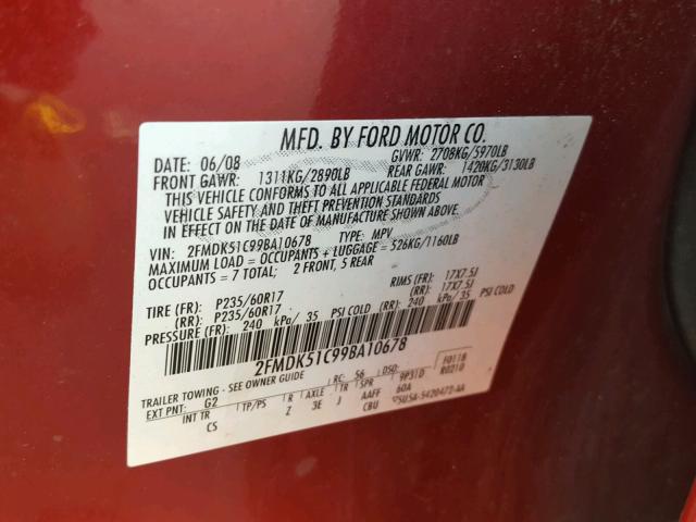 2FMDK51C99BA10678 - 2009 FORD FLEX SE RED photo 10