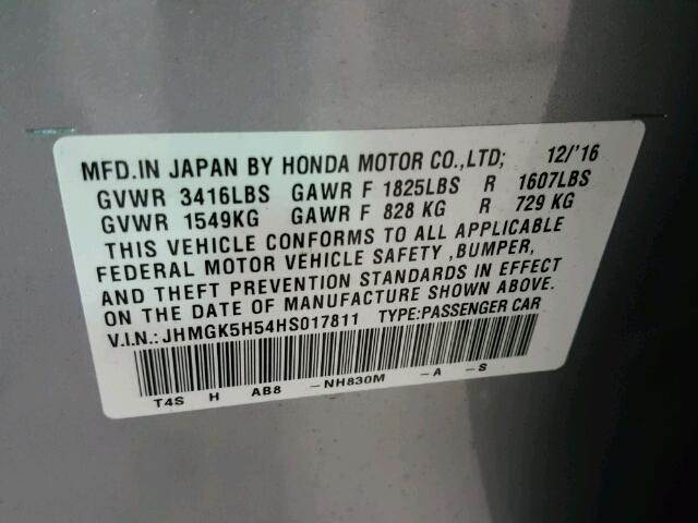 JHMGK5H54HS017811 - 2017 HONDA FIT LX رمادي صورة 10