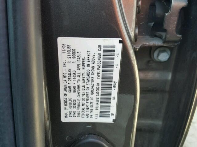 19UUA66217A008740 - 2007 ACURA TL GRAY photo 10