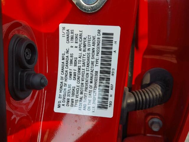 2HGFC2F73HH503368 - 2017 HONDA CIVIC EX წითელი ფოტო 10