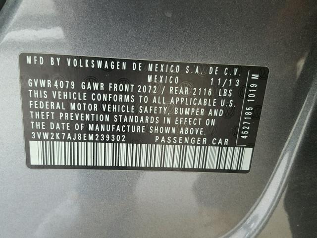 3VW2K7AJ8EM239302 - 2014 VOLKSWAGEN JETTA BASE Մոխրագույն լուսանկար 10