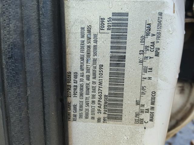 3FAFP6637YM110598 - 2000 FORD CONTOUR SE WHITE photo 10