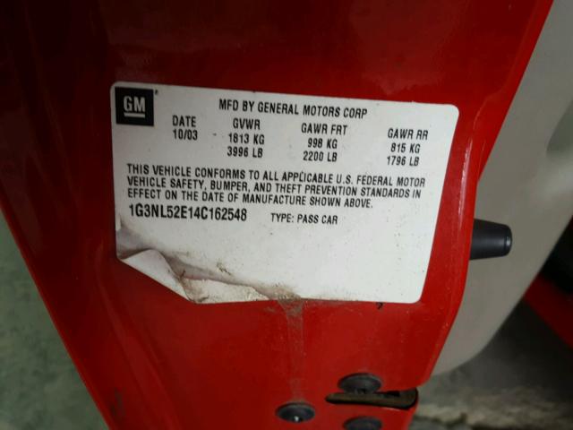 1G3NL52E14C162548 - 2004 OLDSMOBILE ALERO GL RED photo 10