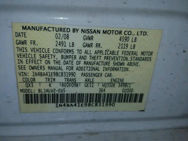 1N4BA41E98C831990 - 2008 NISSAN MAXIMA SE WHITE photo 10