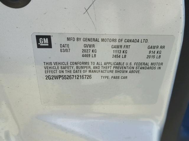 2G2WP552671216726 - 2007 PONTIAC GRAND PRIX SILVER photo 10