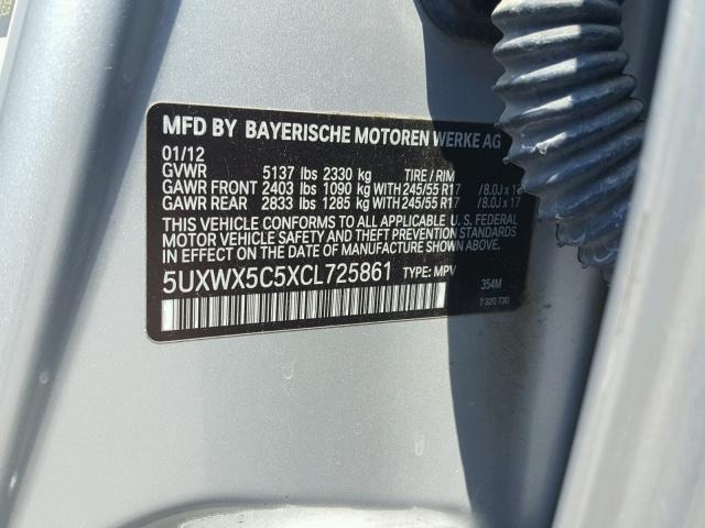5UXWX5C5XCL725861 - 2012 BMW X3 XDRIVE2 SILVER photo 10