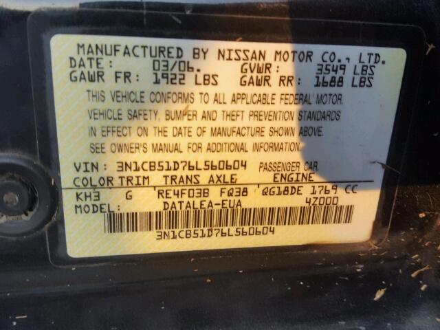 3N1CB51D76L560604 - 2006 NISSAN SENTRA 1.8 BLACK photo 10