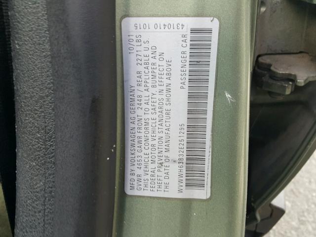 WVWWH63B32E251295 - 2002 VOLKSWAGEN PASSAT GLX 绿色 照片 10