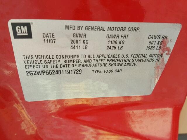 2G2WP552481191729 - 2008 PONTIAC GRAND PRIX RED photo 10