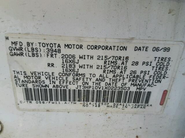 JT3HP10V1X0223503 - 1999 TOYOTA RAV4 WHITE photo 10