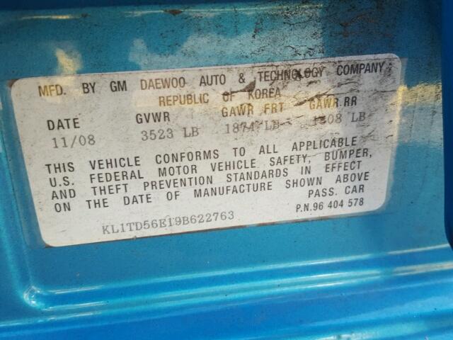 KL1TD56E19B622763 - 2009 CHEVROLET AVEO LS BLUE photo 10