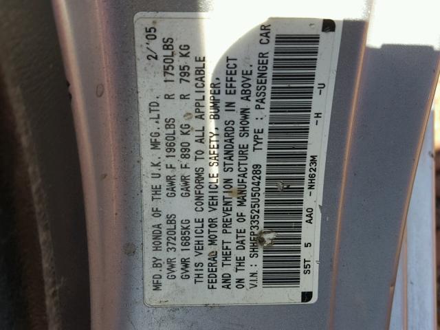 SHHEP33525U504289 - 2005 HONDA CIVIC SI SILVER photo 10