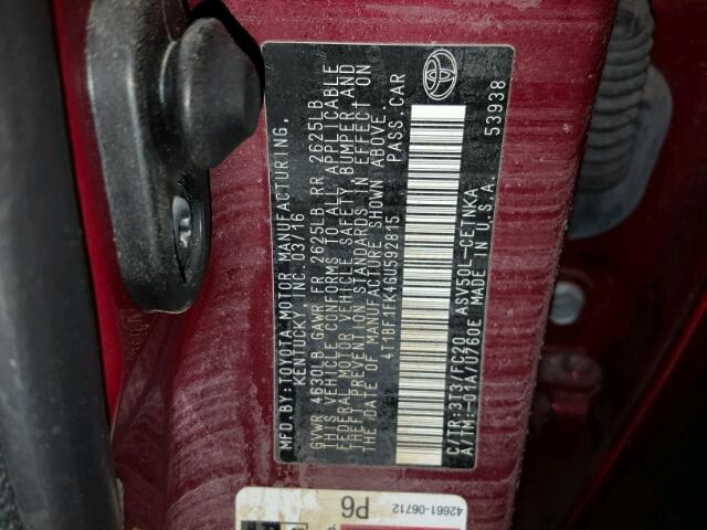 4T1BF1FK4GU592815 - 2016 TOYOTA CAMRY RED photo 10