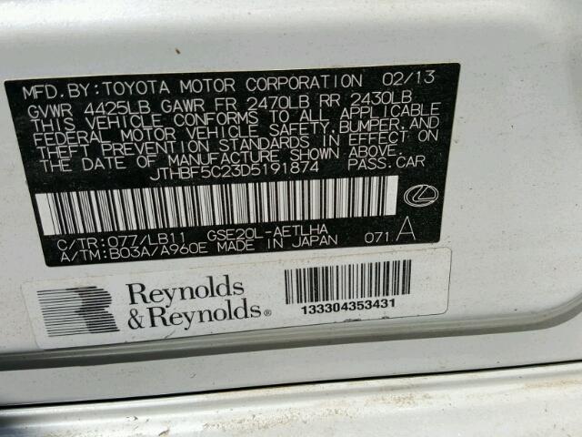 JTHBF5C23D5191874 - 2013 LEXUS IS 250 WHITE photo 10