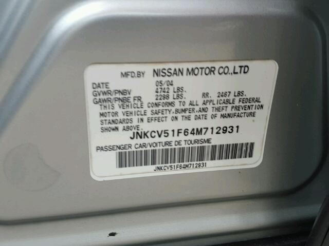 JNKCV51F64M712931 - 2004 INFINITI G35 SILVER photo 10