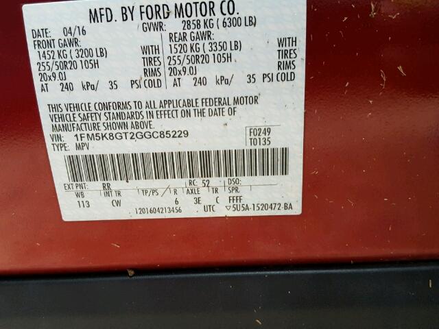 1FM5K8GT2GGC85229 - 2016 FORD EXPLORER 红色 照片 10